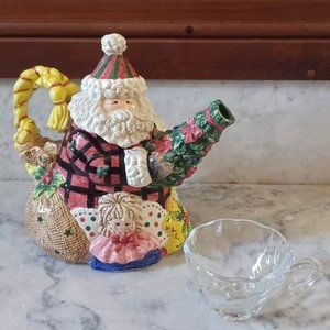 Rare Find, Christmas, Fitz & Floyd Homespun Holiday Santa Teapot, Never Used